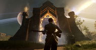 A shot from Nightingale of someone holding a gun looking up at a stone archway with orange electricty in the centre.