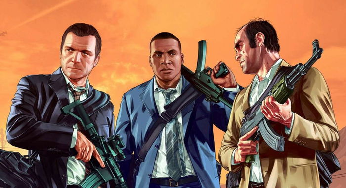 GTA 5 protagonists Michael, Franklin and Trevor standing in a sunset background holding weapons