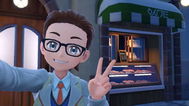 A Pokemon trainer by a food storefront in Pokemon Scarlet and Violet.