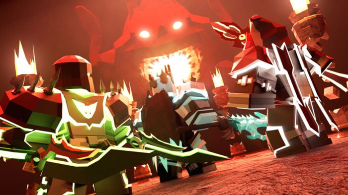 Image from Dungeon Quest showing three Roblox characters battling a fiery monster in the background.