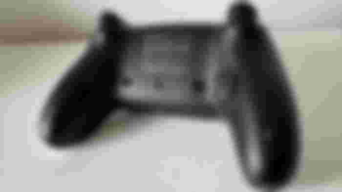 Back of a black and white controller.