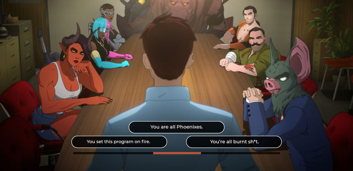 A character with brown hair and a blue shirt looking out at a table of monsters.