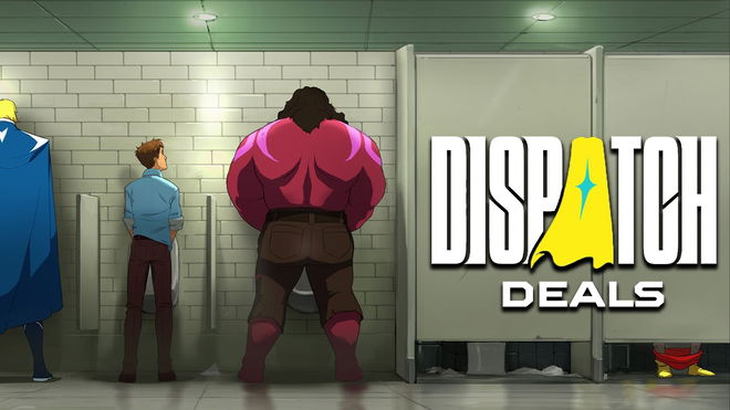 A large red monster with a guy in a blue shirt next to him in a public toilet, with the Dispatch logo in white and yellow next to them.
