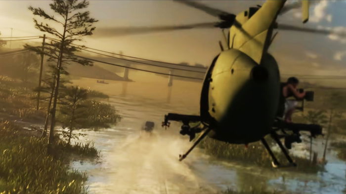 A helicopter flying above a river chasing a boat in GTA 6 trailer