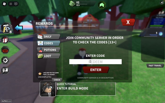 Money Simulator Ultimate codes tab