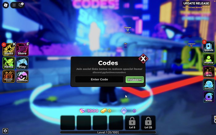 Anime Crusaders codes tab